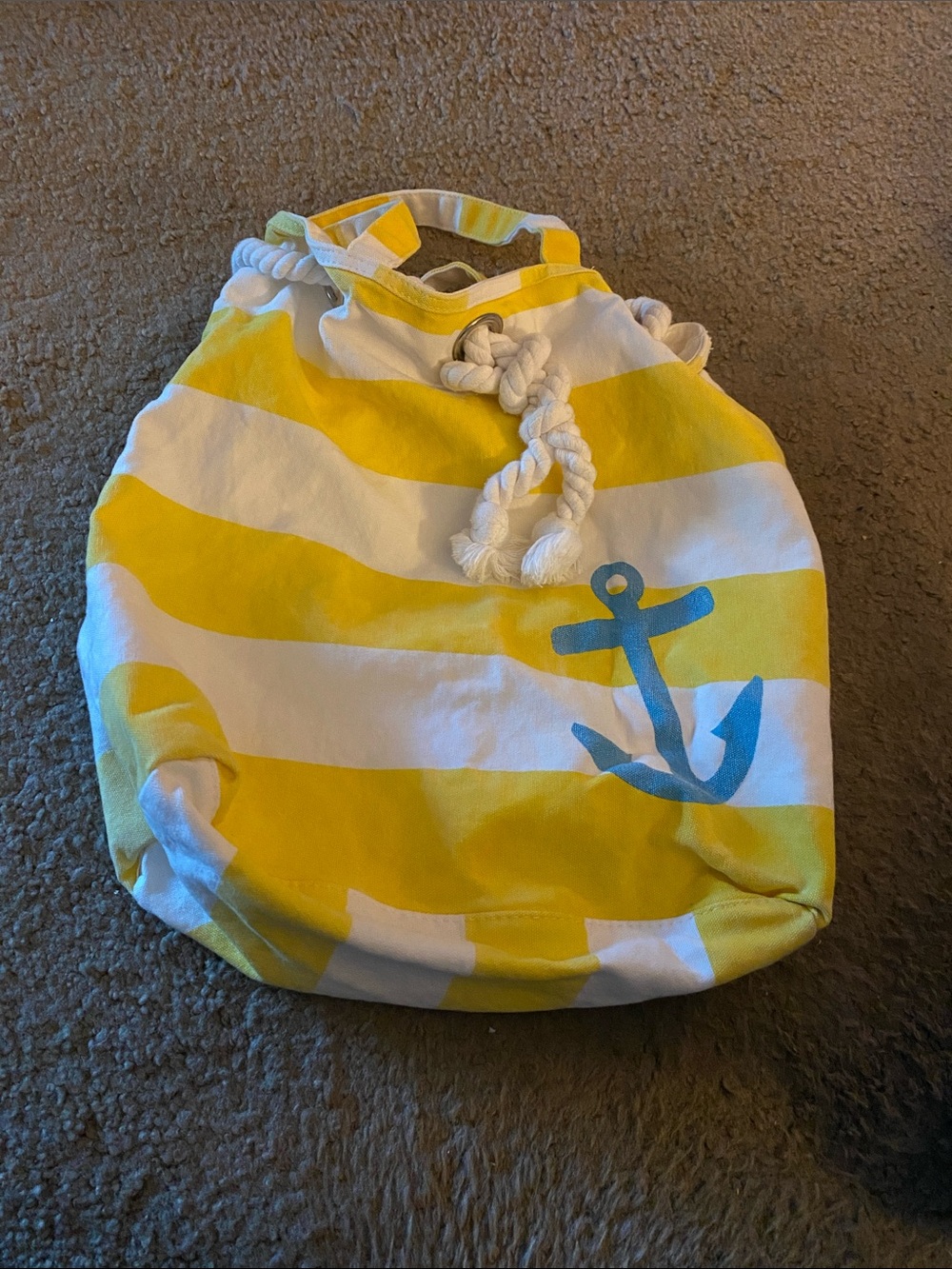 Yellow & White Striped Kids Drawstring Bag with Blue Anchor Accent